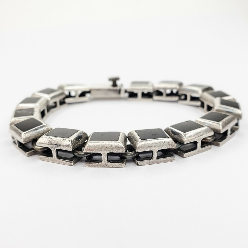 Vintage Sterling Silver 925 Weiss Link Bracelet Black Lucite Squares - Picture 5 of 11